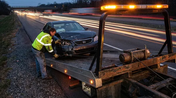 Tow operator winching a collision-damaged sedan onto a flatbed truck on an interstate shoulder at dusk