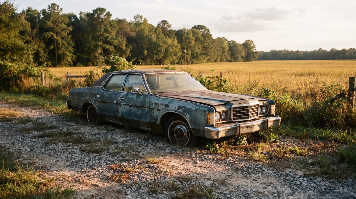 Old car sitting on a rural property near open country road, being prepared for tow