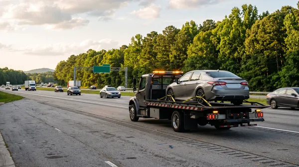 Flatbed tow truck loading a car on the shoulder of I-85 near Duncan, SC at dusk