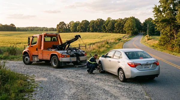 Tow truck parked on the shoulder of a quiet rural road near open farmland at dusk