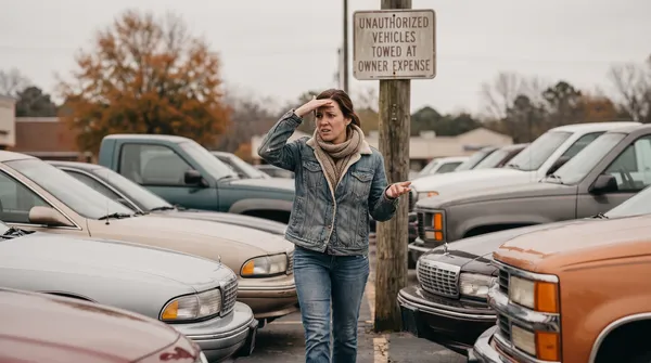 Woman walking through a small-town parking lot, confused and scanning for her car