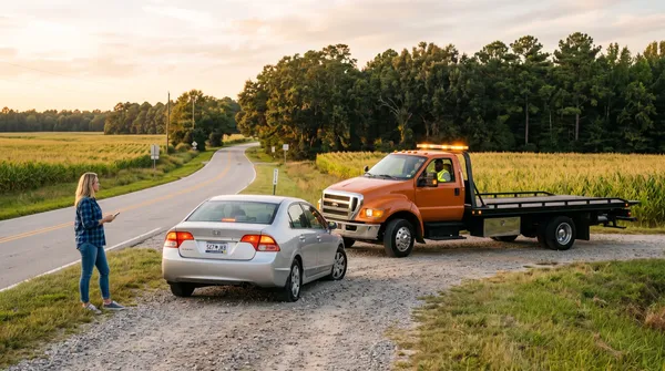 A driver waits on a gravel shoulder beside a silver sedan as an orange-cab flatbed tow truck pulls up on a quiet South Carolina road at golden hour