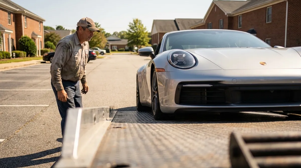 Tow operator guiding a lowered sports car up a low-angle flatbed loading ramp