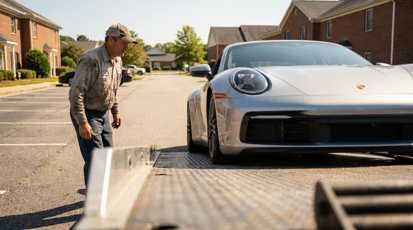 Tow operator guiding a lowered sports car up a low-angle flatbed loading ramp