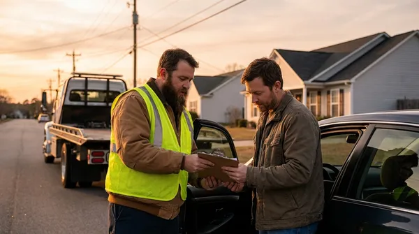Tow truck operator reviewing a clipboard with a driver at a roadside call before dispatch