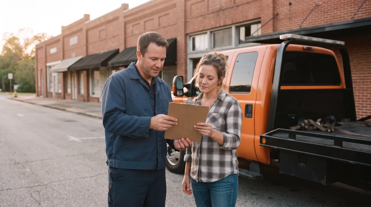 A tow truck operator and a customer reading a clipboard together beside an orange-cab flatbed tow truck on a small-town South Carolina street