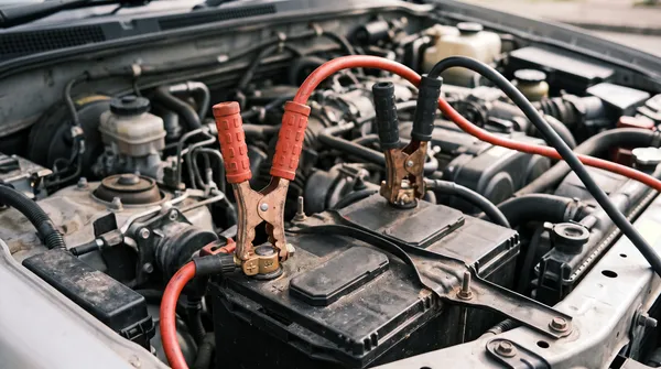 Close-up of jumper cables correctly clamped to a car battery terminal