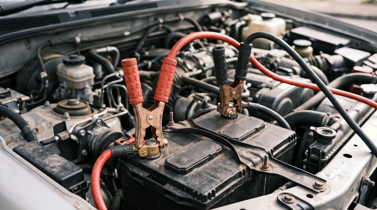 Close-up of jumper cables correctly clamped to a car battery terminal