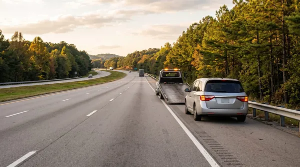 Silver minivan with hazard lights on parked on the right shoulder of I-26 in the South Carolina Upstate as a flatbed tow truck pulls in behind it