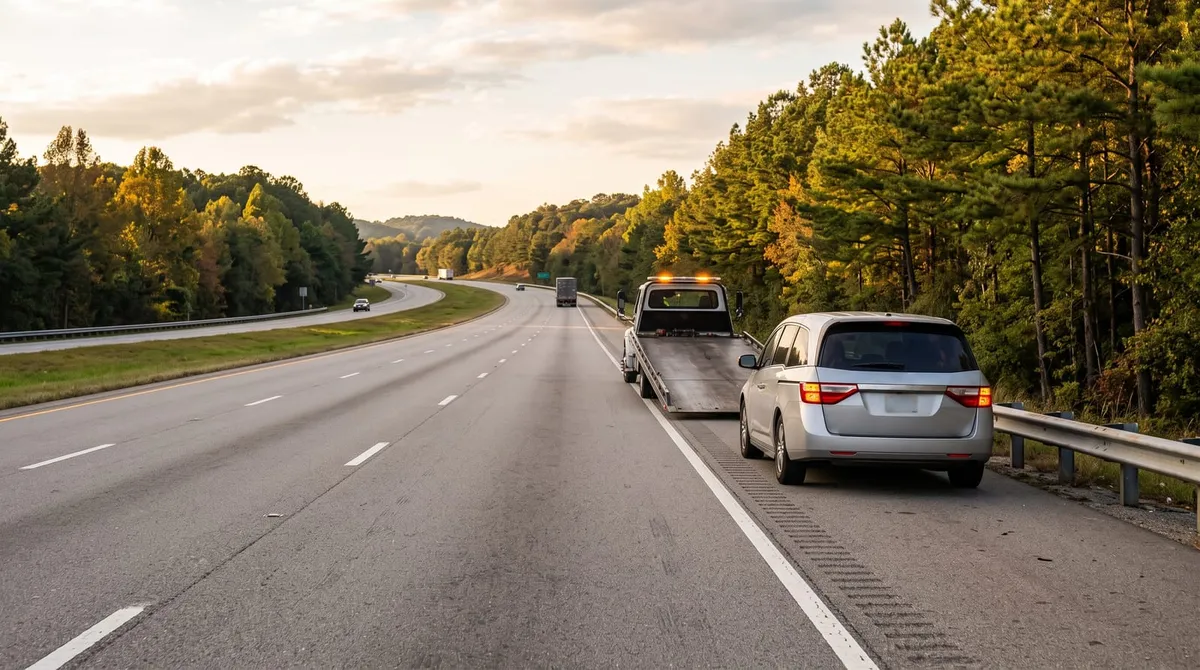 Silver minivan with hazard lights on parked on the right shoulder of I-26 in the South Carolina Upstate as a flatbed tow truck pulls in behind it