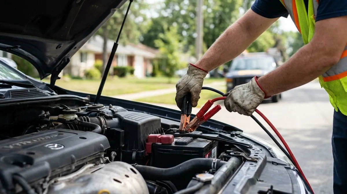 Roadside technician connecting jumper cables to a car battery under an open hood