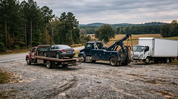 Small flatbed tow truck carrying a gray sedan parked beside a larger heavy-duty wrecker hooked to a white box truck on a gravel shoulder of a rural South Carolina road
