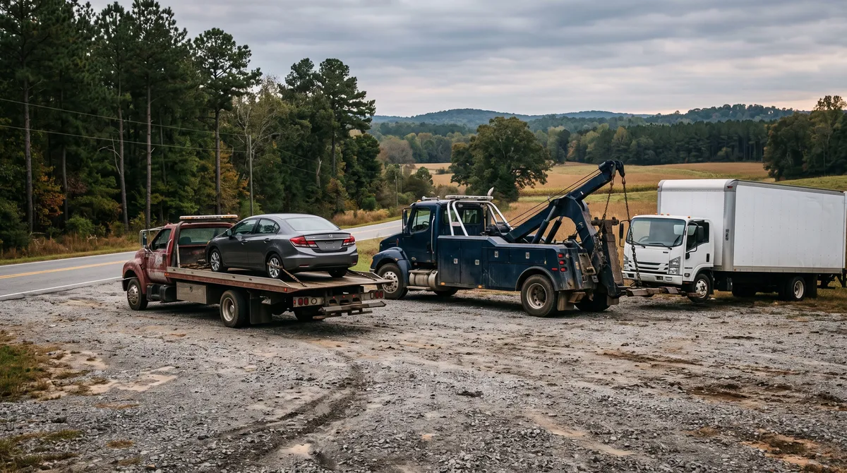 Small flatbed tow truck carrying a gray sedan parked beside a larger heavy-duty wrecker hooked to a white box truck on a gravel shoulder of a rural South Carolina road