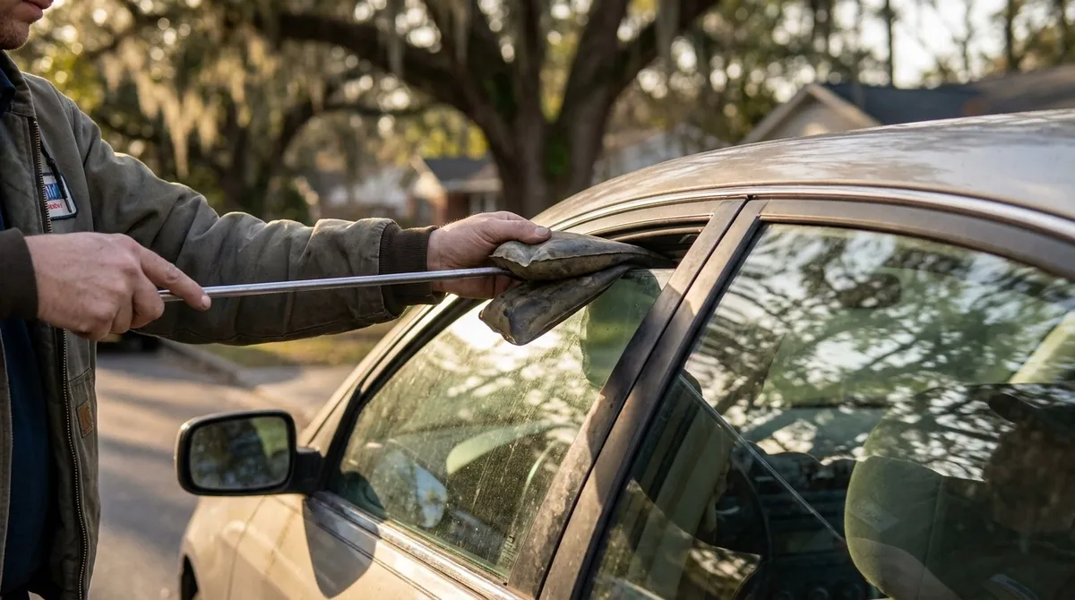 Roadside technician using a lockout tool to unlock a car door from outside