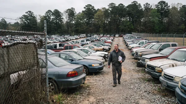 Rows of vehicles parked behind a chain-link fence at a private towing company storage lot