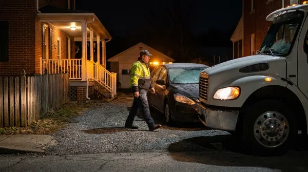 Tow truck operator approaching a car with hazard lights flashing in a frosty driveway at night