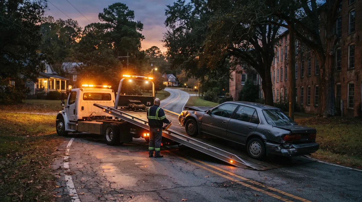Tow truck operator assessing a collision-damaged car on a quiet mill-village road near Una, SC at dusk