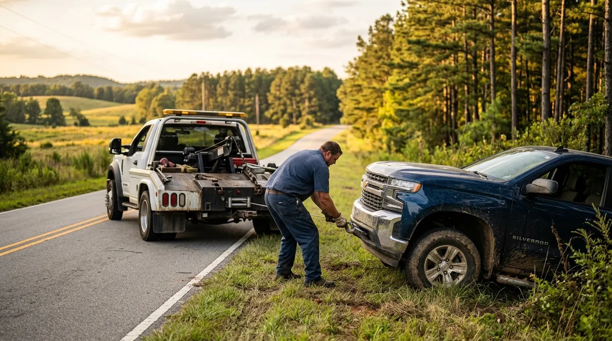 Tow truck operator hooking up a winch cable to a stranded pickup truck on a rural South Carolina road at golden hour