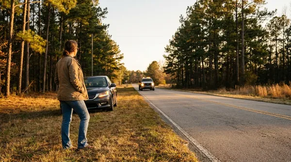 Driver standing safely on the shoulder of a rural South Carolina highway as a tow truck approaches at golden hour